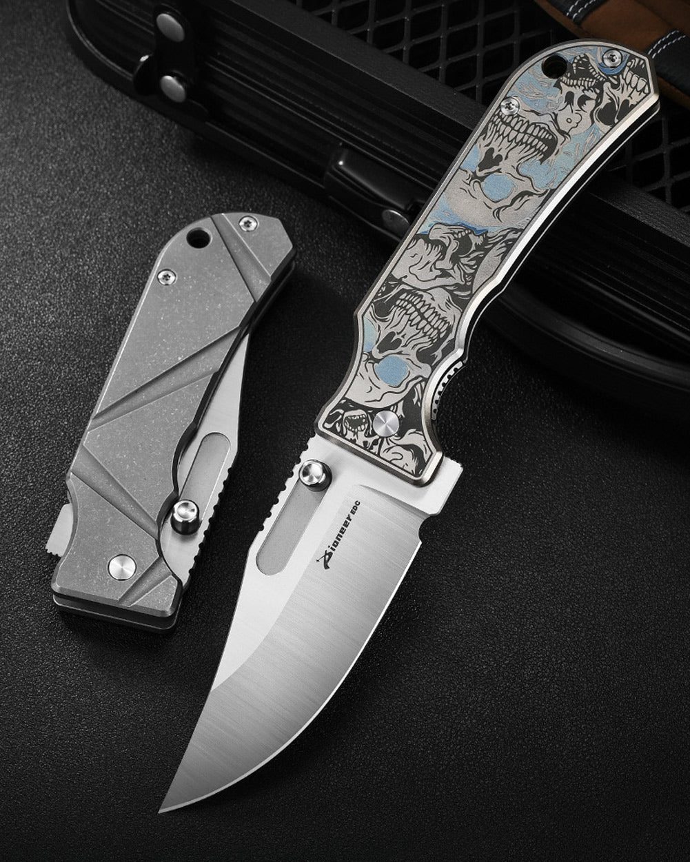 PioneerEDC DT527 Folding Pocket EDC Knife, Flipper Thumb Stud Opening D2 Drop Point Blade, 5.27 inches Frame Lock TC4 Titanium Handle with Pocekt Clip, 7.73 oz