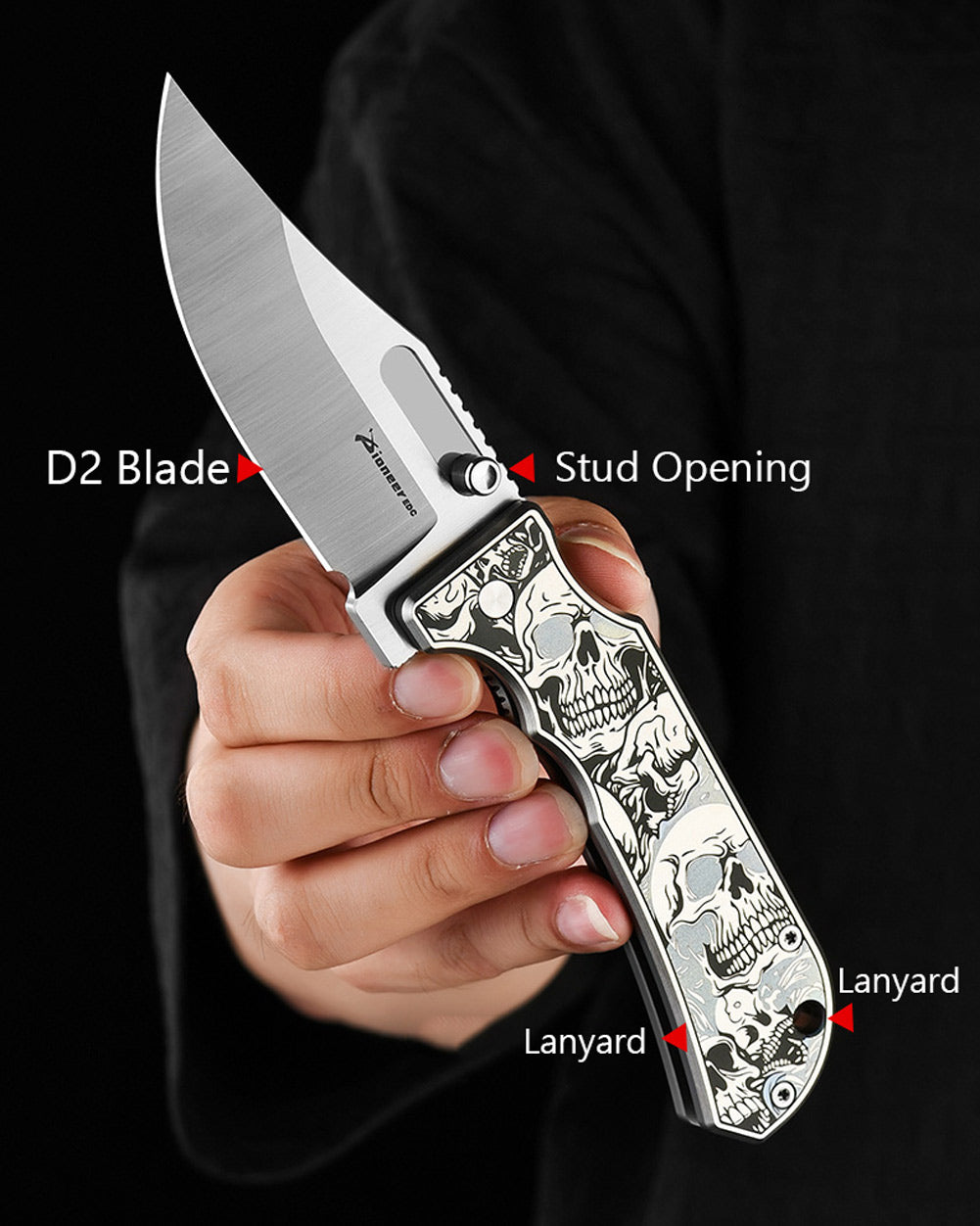 PioneerEDC DT527 Folding Pocket EDC Knife, Flipper Thumb Stud Opening D2 Drop Point Blade, 5.27 inches Frame Lock TC4 Titanium Handle with Pocekt Clip, 7.73 oz