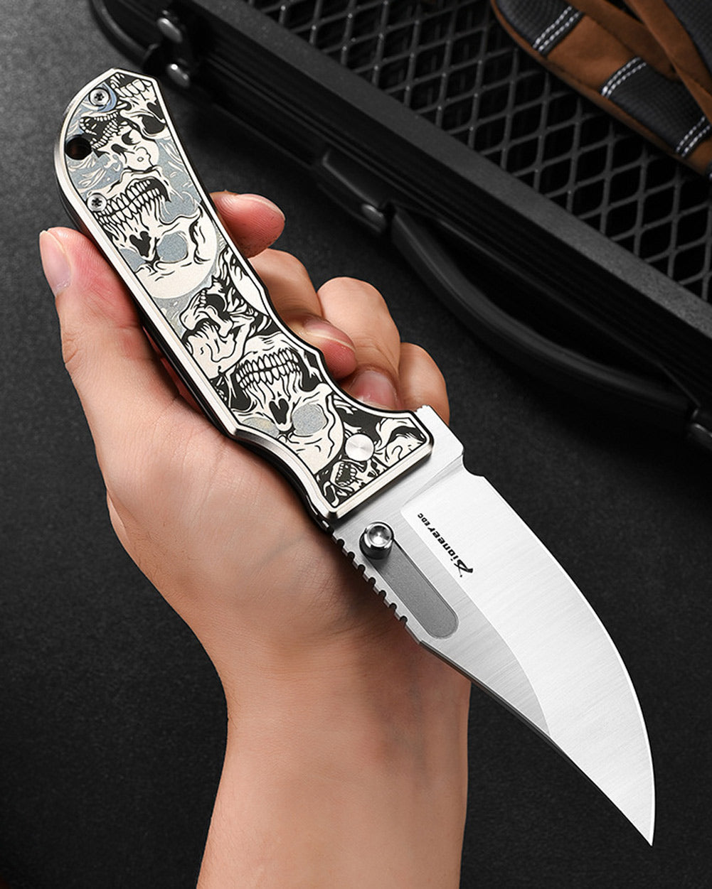 PioneerEDC DT527 Folding Pocket EDC Knife, Flipper Thumb Stud Opening D2 Drop Point Blade, 5.27 inches Frame Lock TC4 Titanium Handle with Pocekt Clip, 7.73 oz