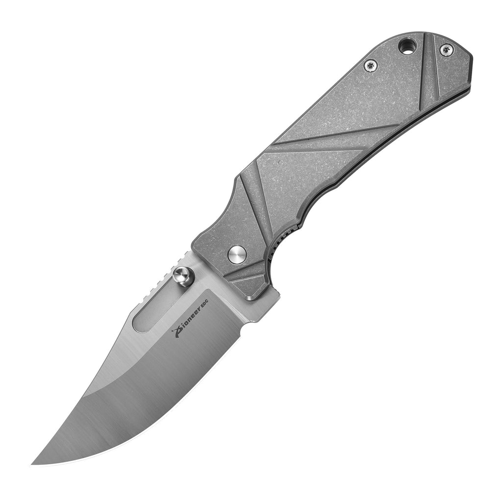 PioneerEDC DT527 Folding Pocket EDC Knife, Flipper Thumb Stud Opening D2 Drop Point Blade, 5.27 inches Frame Lock TC4 Titanium Handle with Pocekt Clip, 7.73 oz