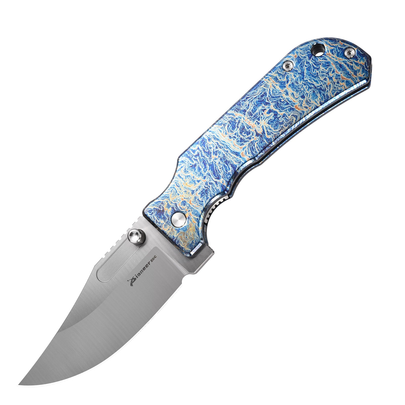 PioneerEDC DT527 Folding Pocket EDC Knife, Flipper Thumb Stud Opening D2 Drop Point Blade, 5.27 inches Frame Lock TC4 Titanium Handle with Pocekt Clip, 7.73 oz