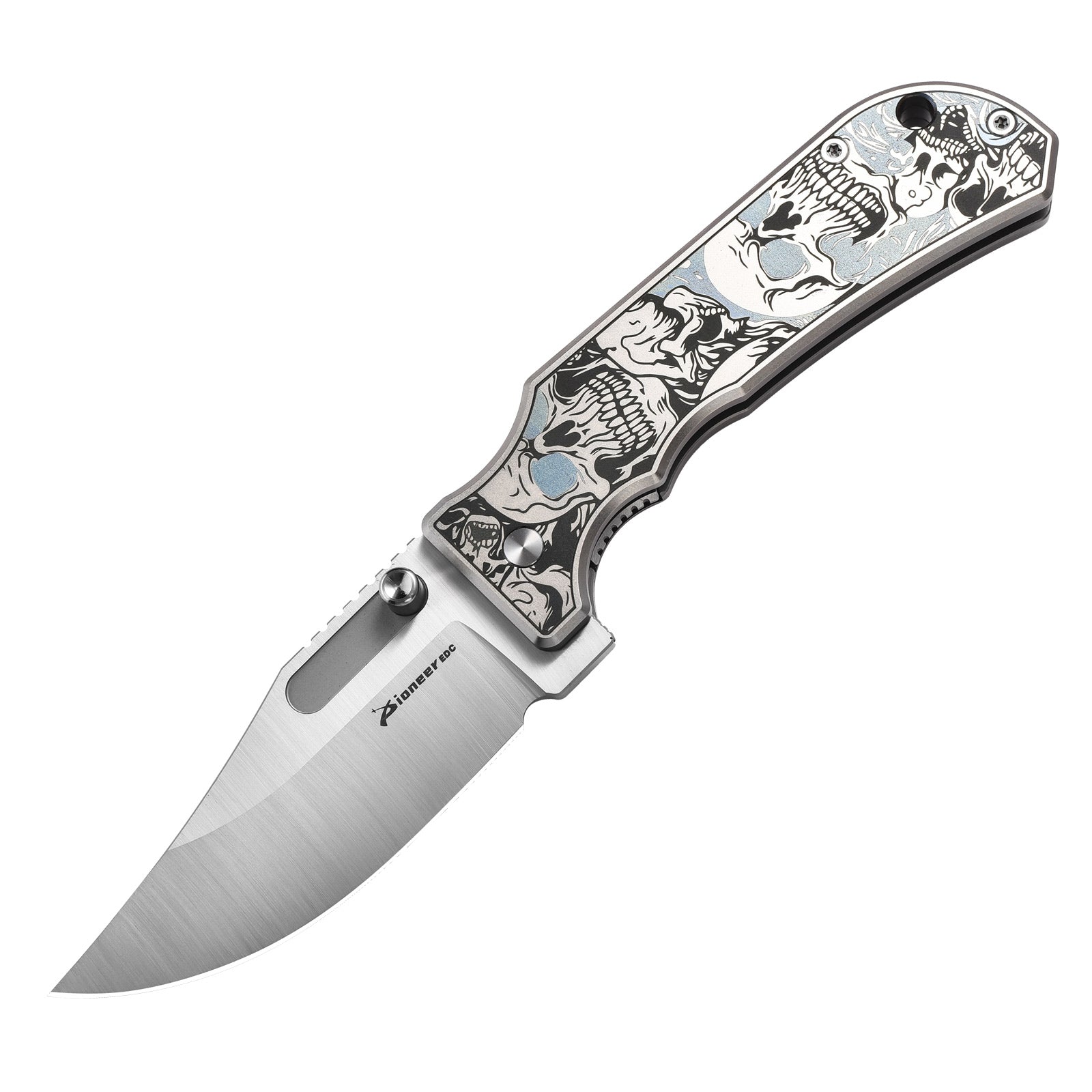 PioneerEDC DT527 Folding Pocket EDC Knife, Flipper Thumb Stud Opening D2 Drop Point Blade, 5.27 inches Frame Lock TC4 Titanium Handle with Pocekt Clip, 7.73 oz