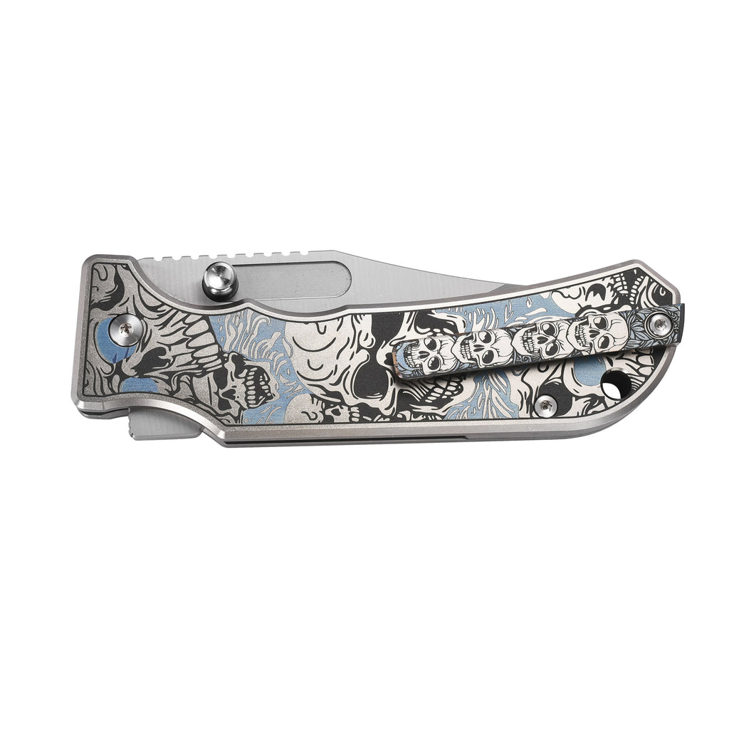 PioneerEDC DT527 Folding Pocket EDC Knife, Flipper Thumb Stud Opening D2 Drop Point Blade, 5.27 inches Frame Lock TC4 Titanium Handle with Pocekt Clip, 7.73 oz