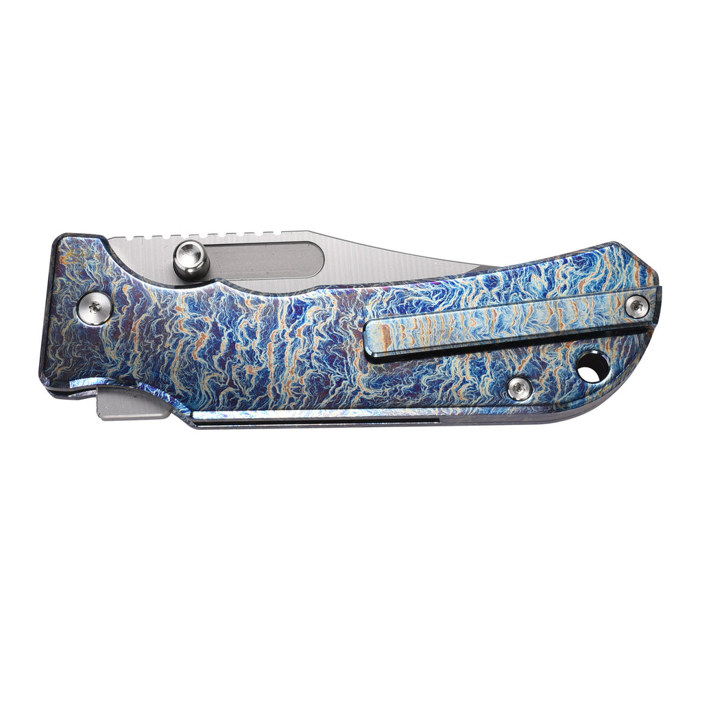PioneerEDC DT527 Folding Pocket EDC Knife, Flipper Thumb Stud Opening D2 Drop Point Blade, 5.27 inches Frame Lock TC4 Titanium Handle with Pocekt Clip, 7.73 oz