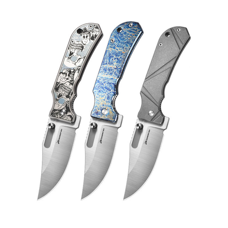 PioneerEDC DT527 Folding Pocket EDC Knife, Flipper Thumb Stud Opening D2 Drop Point Blade, 5.27 inches Frame Lock TC4 Titanium Handle with Pocekt Clip, 7.73 oz