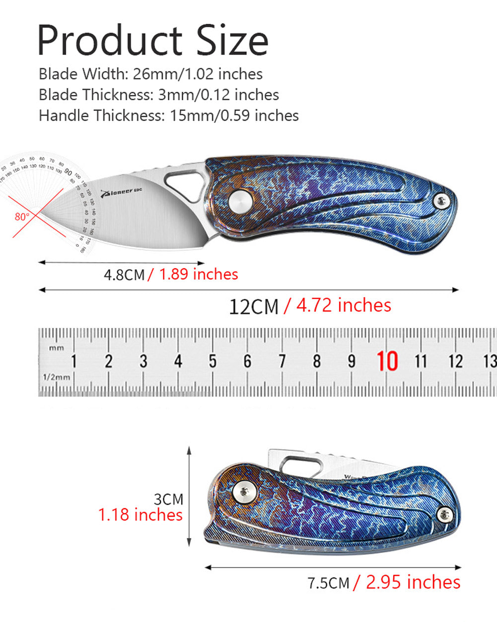 PioneerEDC MT189 Mini Folding Pocket EDC Knife, 1.89 Inch Sheepsfoot 14C28N Blade, TC4 Titanium Handles, Double Detent Non-Locking, Thumb Hole Opening, 2.59 Oz