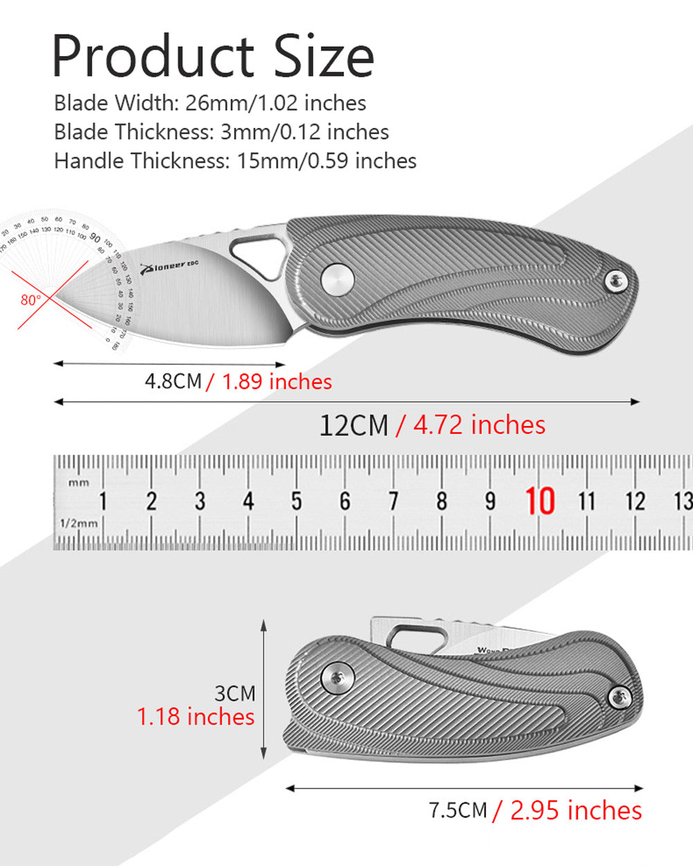 PioneerEDC MT189 Mini Folding Pocket EDC Knife, 1.89 Inch Sheepsfoot 14C28N Blade, TC4 Titanium Handles, Double Detent Non-Locking, Thumb Hole Opening, 2.59 Oz