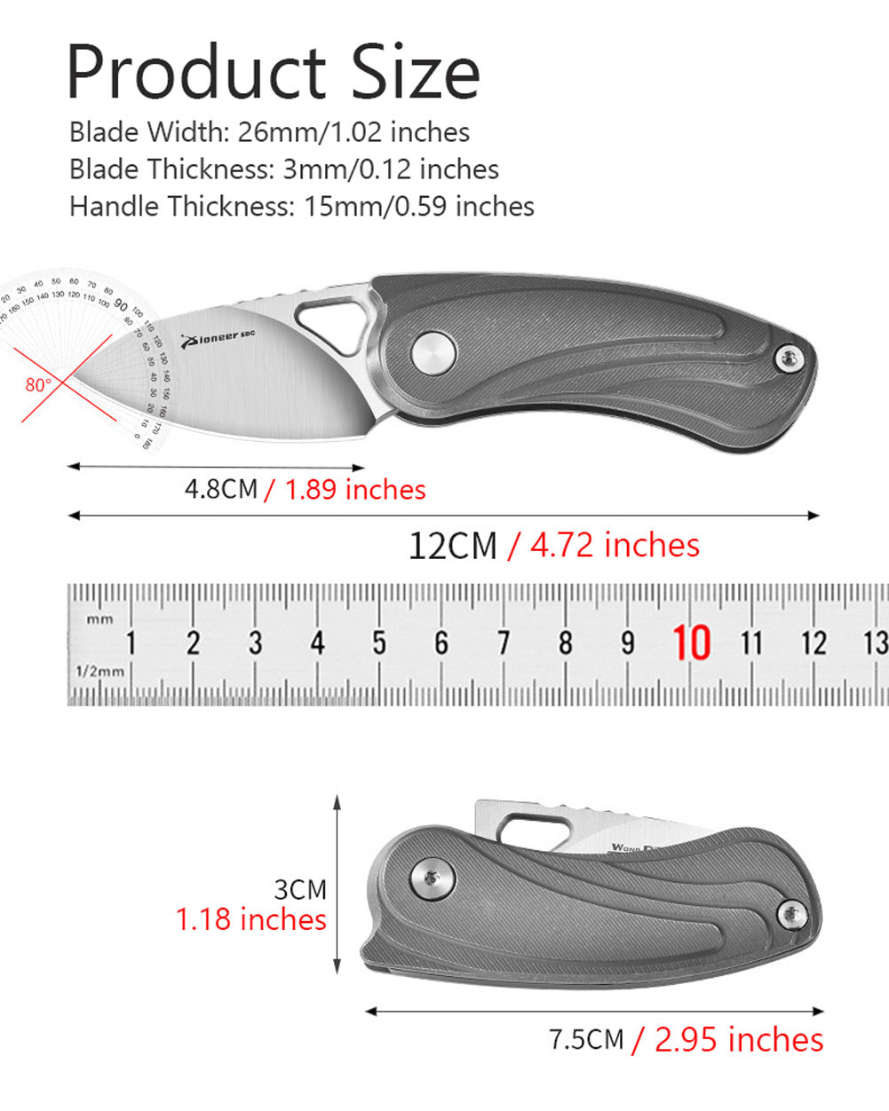 PioneerEDC MT189 Mini Folding Pocket EDC Knife, 1.89 Inch Sheepsfoot 14C28N Blade, TC4 Titanium Handles, Double Detent Non-Locking, Thumb Hole Opening, 2.59 Oz