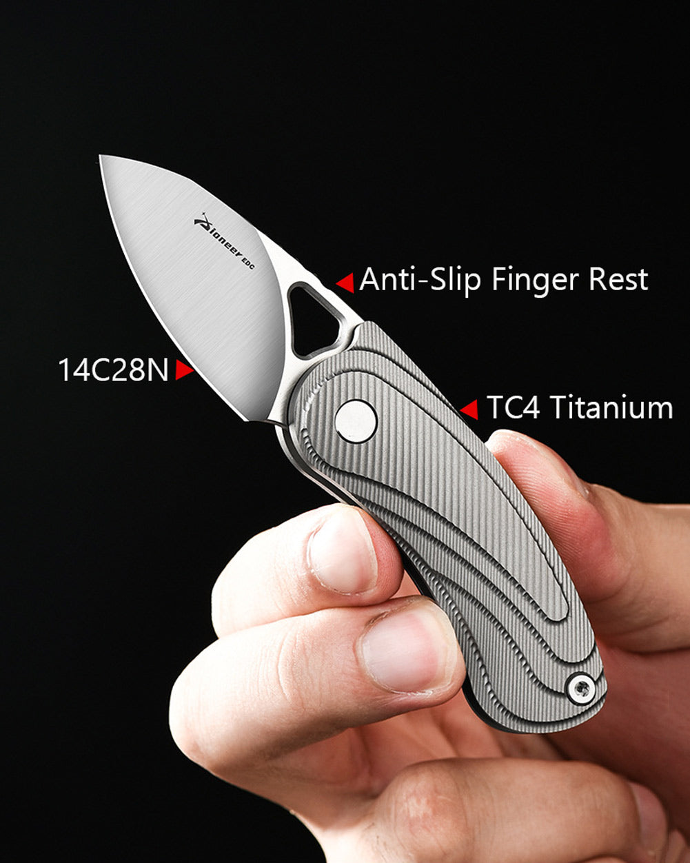 PioneerEDC MT189 Mini Folding Pocket EDC Knife, 1.89 Inch Sheepsfoot 14C28N Blade, TC4 Titanium Handles, Double Detent Non-Locking, Thumb Hole Opening, 2.59 Oz