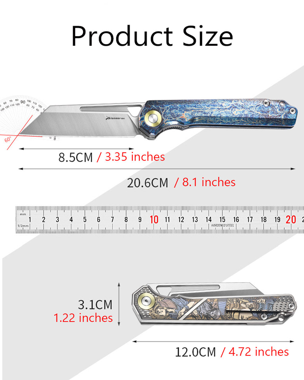 PioneerEDC MT472 Pocket Folding EDC Knife, D2 Wharncliffe Reverse Tanto Blade, Liner Lock TC4 Titanium Handle with Pocket Clip, 4.7 oz