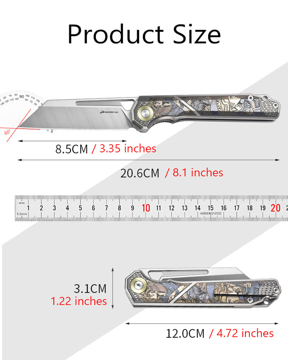 PioneerEDC MT472 Pocket Folding EDC Knife, D2 Wharncliffe Reverse Tanto Blade, Liner Lock TC4 Titanium Handle with Pocket Clip, 4.7 oz