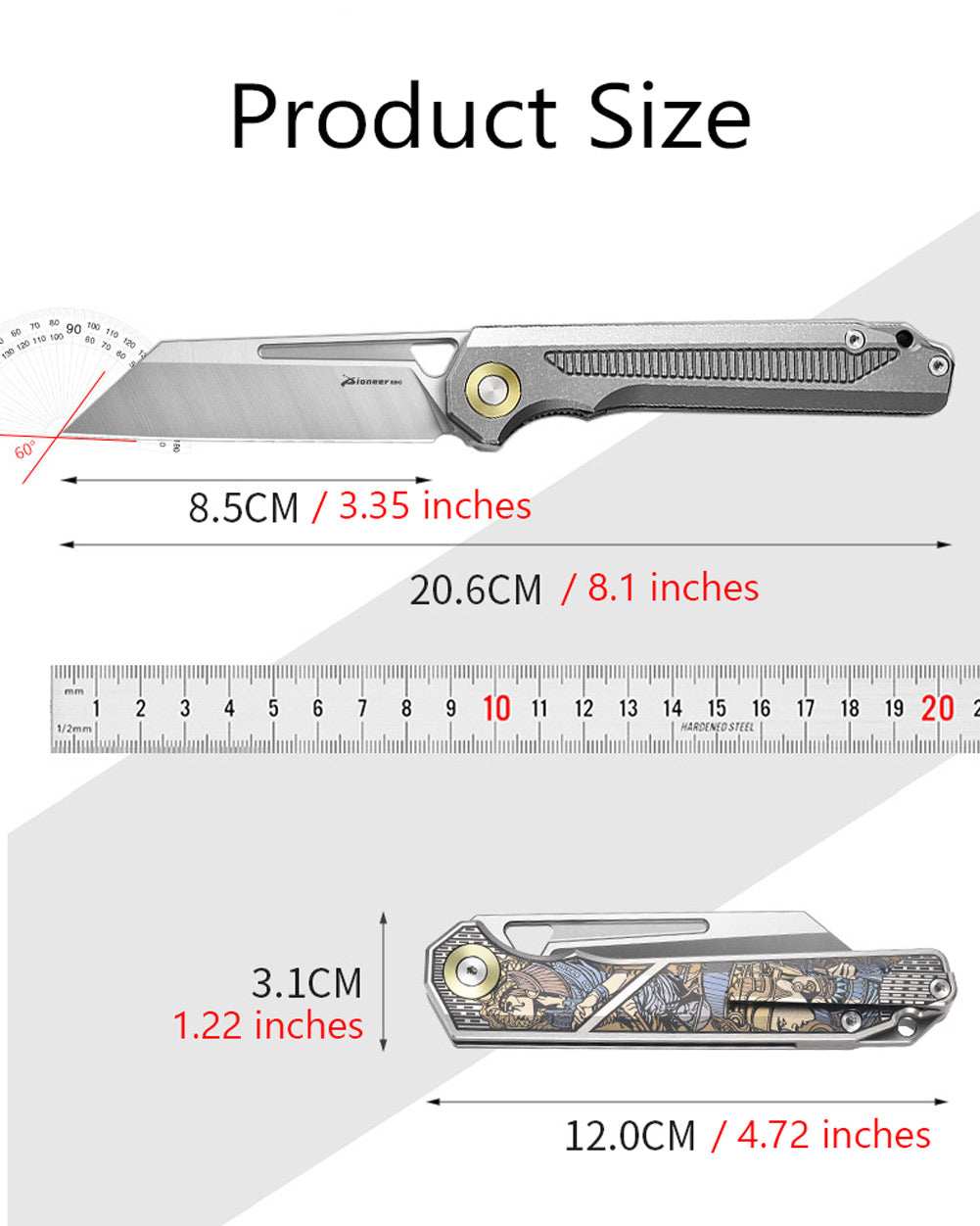 PioneerEDC MT472 Pocket Folding EDC Knife, D2 Wharncliffe Reverse Tanto Blade, Liner Lock TC4 Titanium Handle with Pocket Clip, 4.7 oz