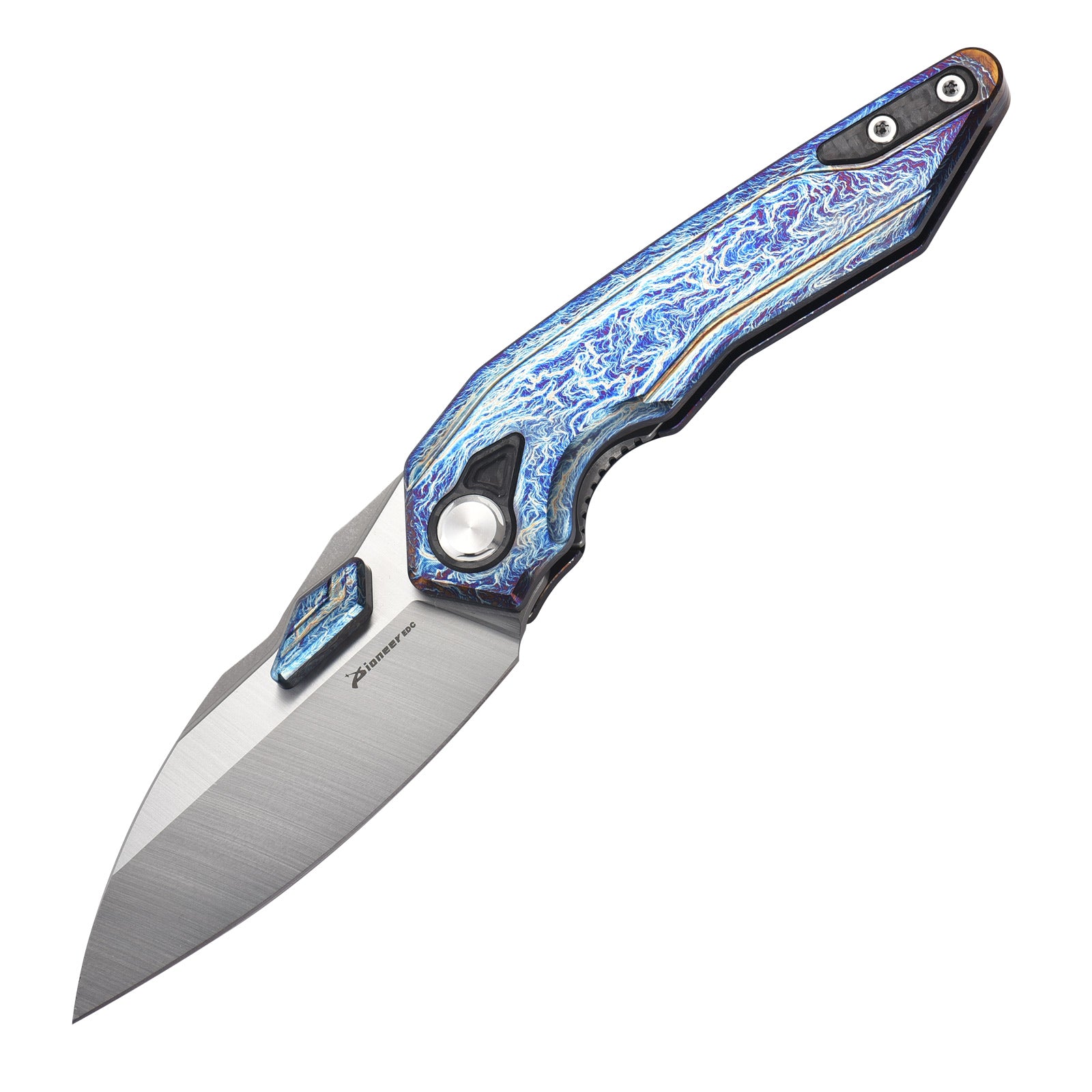 PioneerEDC MTP472 Folding Pocket Knife, D2 Wharncliffe Blade, TC4 Titanium and Carbon Fiber Handle, Liner Lock, with Pocket Clip, 8.27 Inches