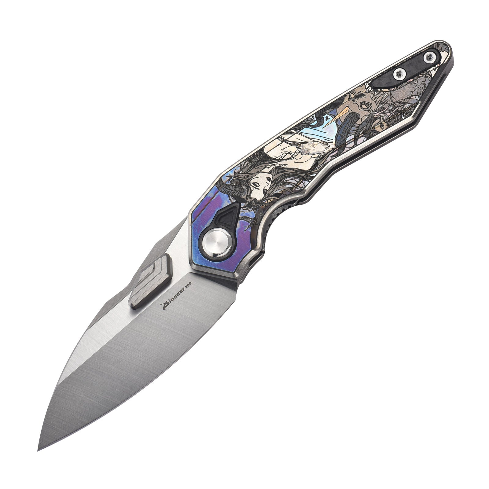 PioneerEDC MTP472 Folding Pocket Knife, D2 Wharncliffe Blade, TC4 Titanium and Carbon Fiber Handle, Liner Lock, with Pocket Clip, 8.27 Inches