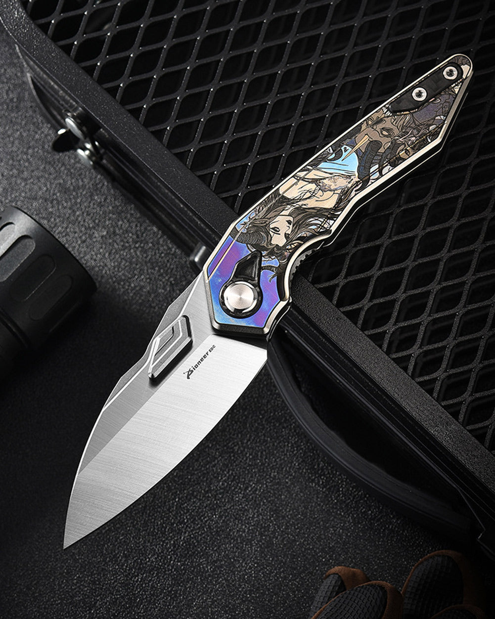 PioneerEDC MTP472 Folding Pocket Knife, D2 Wharncliffe Blade, TC4 Titanium and Carbon Fiber Handle, Liner Lock, with Pocket Clip, 8.27 Inches