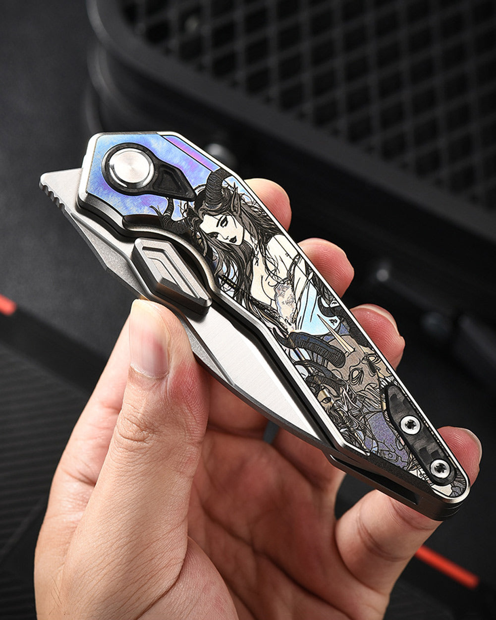 PioneerEDC MTP472 Folding Pocket Knife, D2 Wharncliffe Blade, TC4 Titanium and Carbon Fiber Handle, Liner Lock, with Pocket Clip, 8.27 Inches