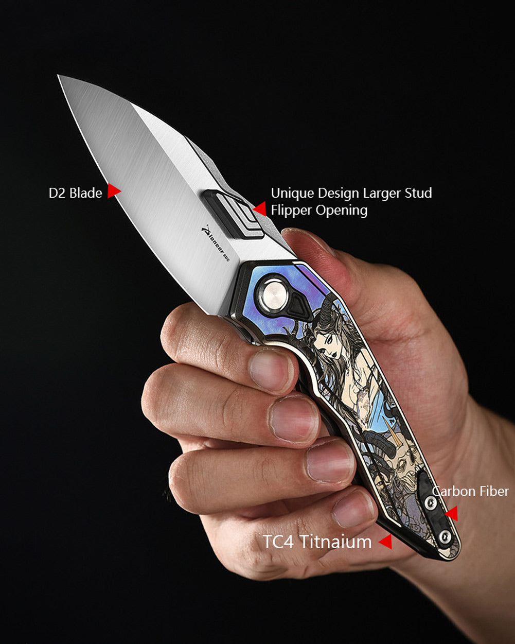 PioneerEDC MTP472 Folding Pocket Knife, D2 Wharncliffe Blade, TC4 Titanium and Carbon Fiber Handle, Liner Lock, with Pocket Clip, 8.27 Inches