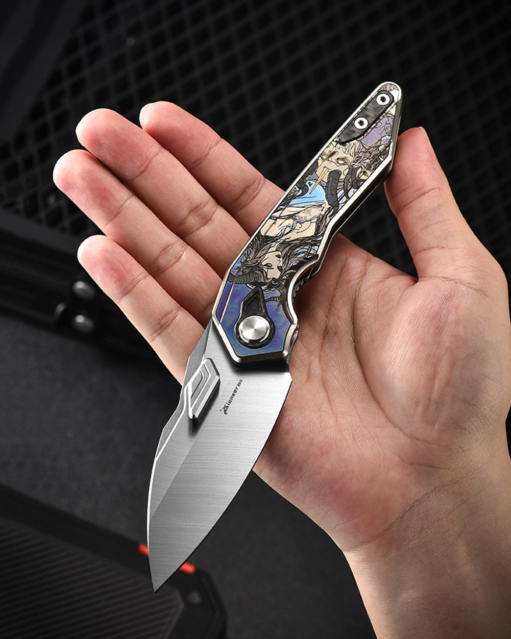 PioneerEDC MTP472 Folding Pocket Knife, D2 Wharncliffe Blade, TC4 Titanium and Carbon Fiber Handle, Liner Lock, with Pocket Clip, 8.27 Inches