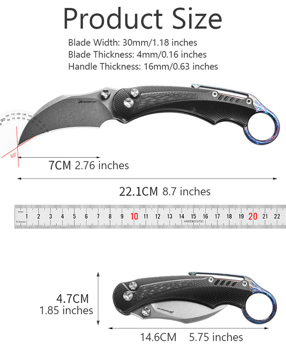 PioneerEDC MT575 Folding Karambit Knife, 2.76 inches D2 Blade, Thumb Stud One-Handed Deployment, Carbon Fiber TC4 Titanium Handle with Pocket Clip, 6.19 oz
