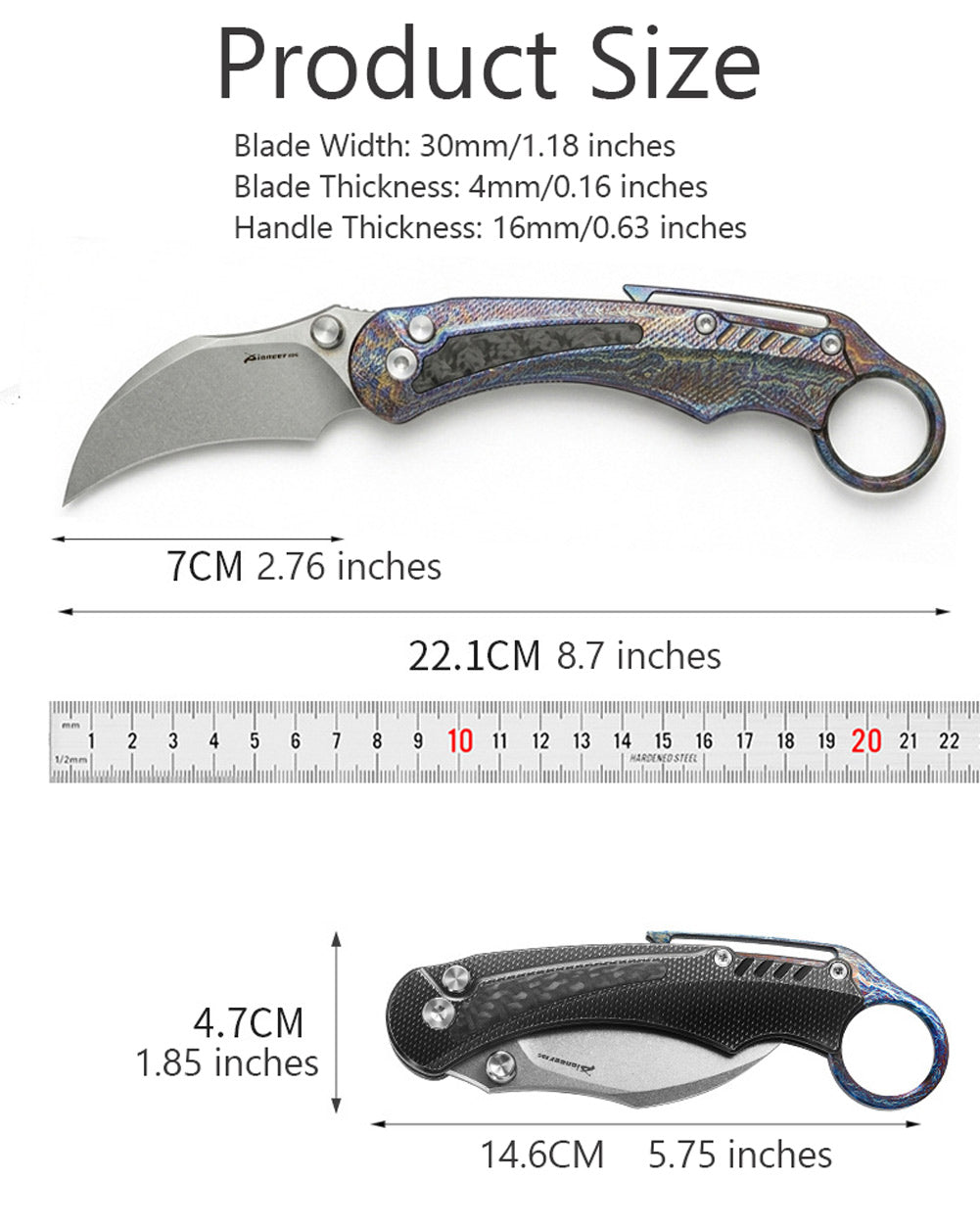 PioneerEDC MT575 Folding Karambit Knife, 2.76 inches D2 Blade, Thumb Stud One-Handed Deployment, Carbon Fiber TC4 Titanium Handle with Pocket Clip, 6.19 oz