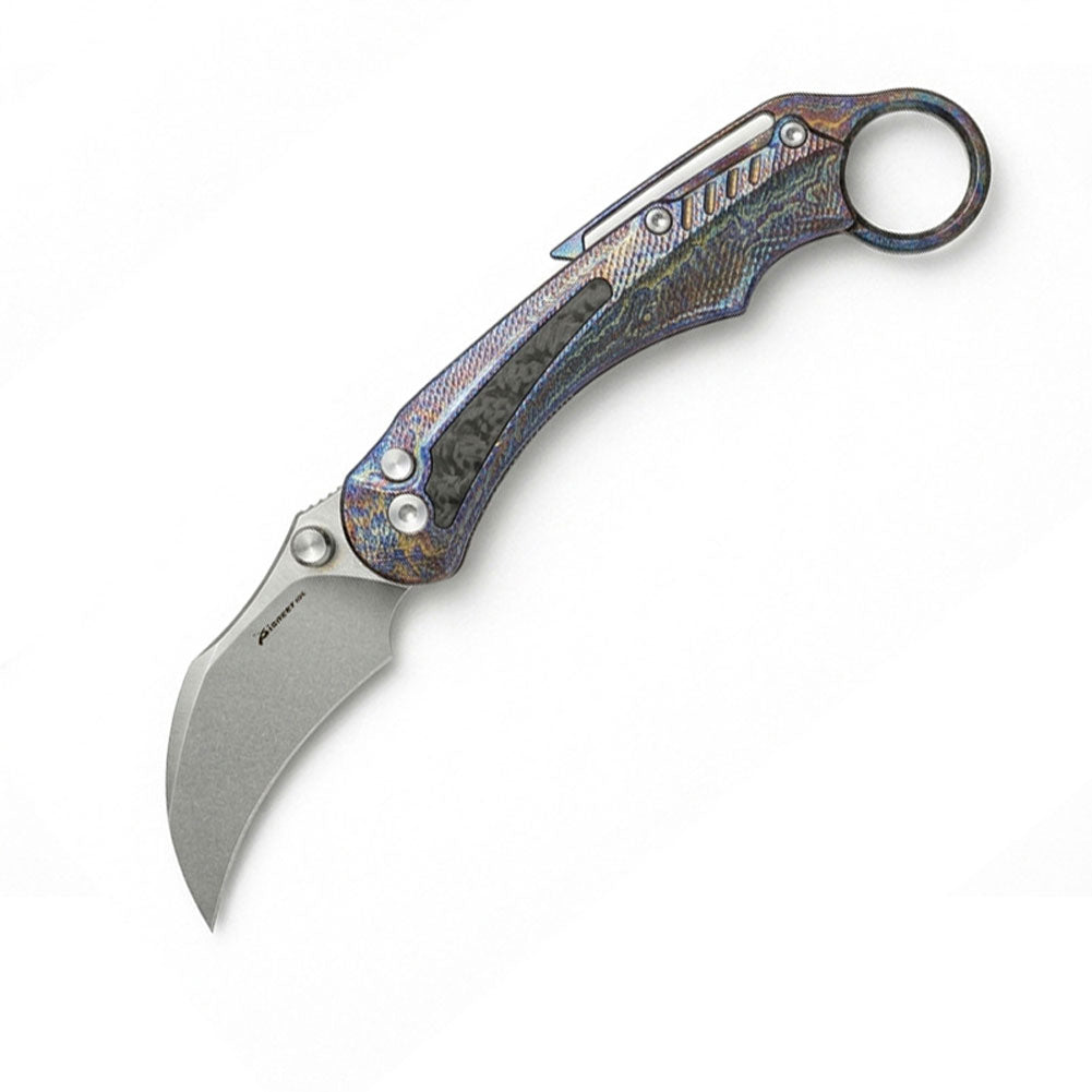 PioneerEDC MT575 Folding Karambit Knife, 2.76 inches D2 Blade, Thumb Stud One-Handed Deployment, Carbon Fiber TC4 Titanium Handle with Pocket Clip, 6.19 oz