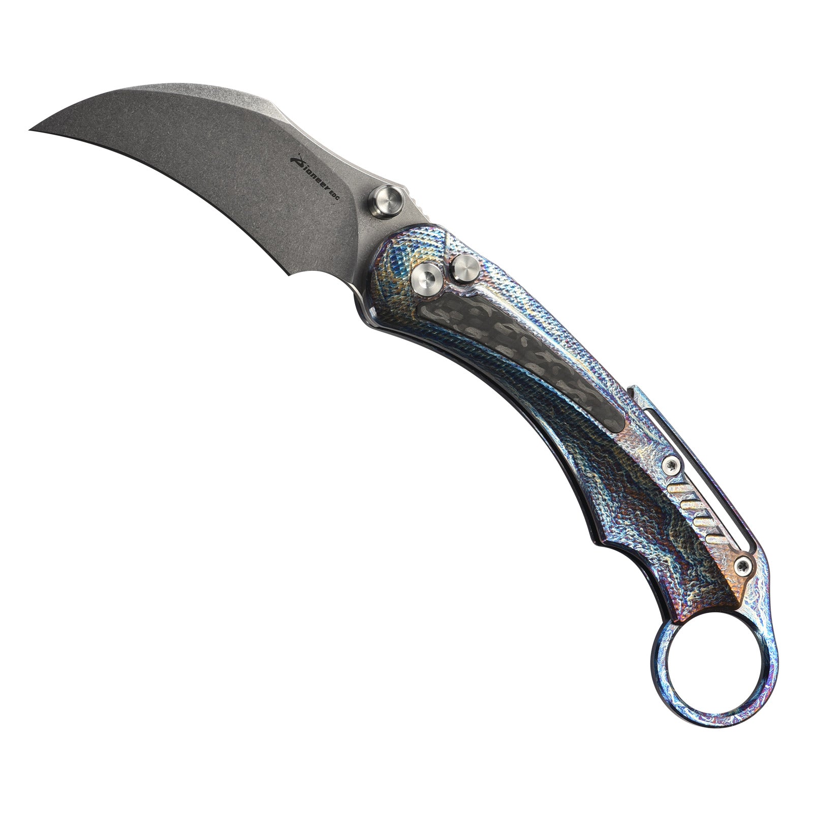 PioneerEDC MT575 Folding Karambit Knife, 2.76 inches D2 Blade, Thumb Stud One-Handed Deployment, Carbon Fiber TC4 Titanium Handle with Pocket Clip, 6.19 oz