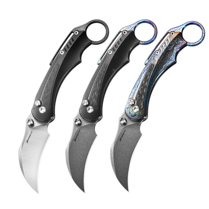 PioneerEDC MT575 Folding Karambit Knife, 2.76 inches D2 Blade, Thumb Stud One-Handed Deployment, Carbon Fiber TC4 Titanium Handle with Pocket Clip, 6.19 oz