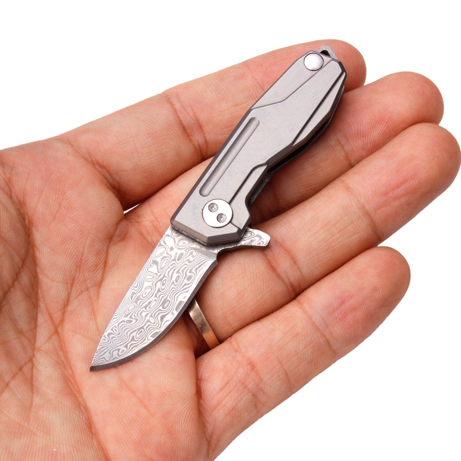 Samior HY002 Damascus Blade Titanium Handle Frame Lock Drop Point Blade 