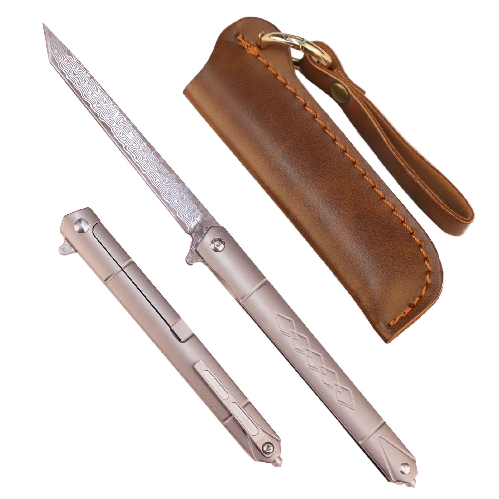 新品未使用Samurai(サムライ) Type3 SILVER　タイプ3 Samior GDT035 Titanium Handle Flipper Knife, Damascus Tanto Blade,